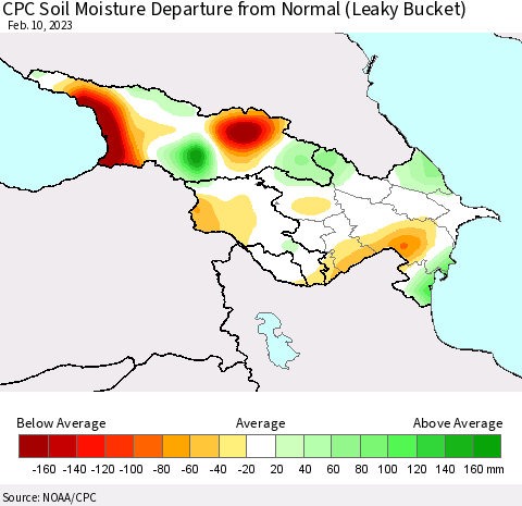 Azerbaijan, Armenia and Georgia CPC Soil Moisture Departure from Normal (Leaky Bucket) Thematic Map For 2/6/2023 - 2/10/2023