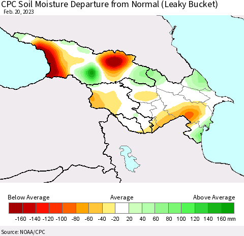 Azerbaijan, Armenia and Georgia CPC Soil Moisture Departure from Normal (Leaky Bucket) Thematic Map For 2/16/2023 - 2/20/2023