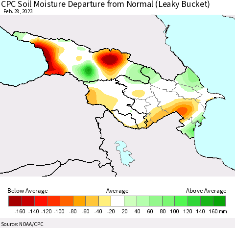 Azerbaijan, Armenia and Georgia CPC Soil Moisture Departure from Normal (Leaky Bucket) Thematic Map For 2/26/2023 - 2/28/2023