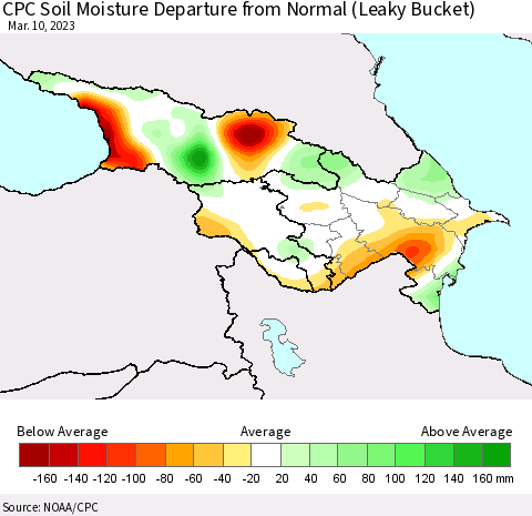Azerbaijan, Armenia and Georgia CPC Soil Moisture Departure from Normal (Leaky Bucket) Thematic Map For 3/6/2023 - 3/10/2023