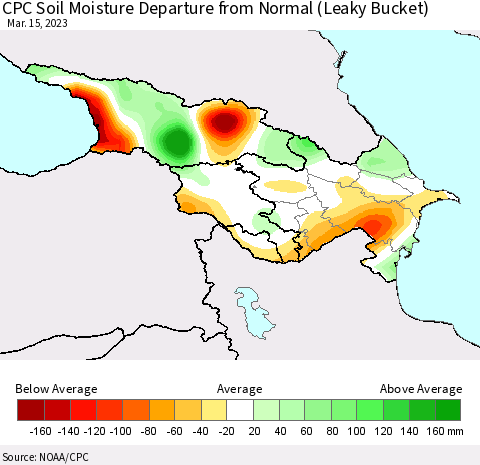 Azerbaijan, Armenia and Georgia CPC Soil Moisture Departure from Normal (Leaky Bucket) Thematic Map For 3/11/2023 - 3/15/2023