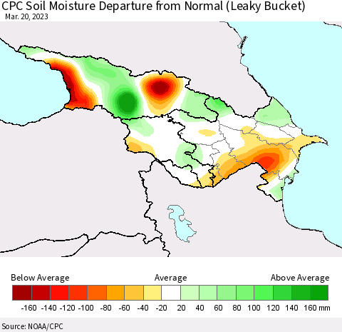 Azerbaijan, Armenia and Georgia CPC Soil Moisture Departure from Normal (Leaky Bucket) Thematic Map For 3/16/2023 - 3/20/2023