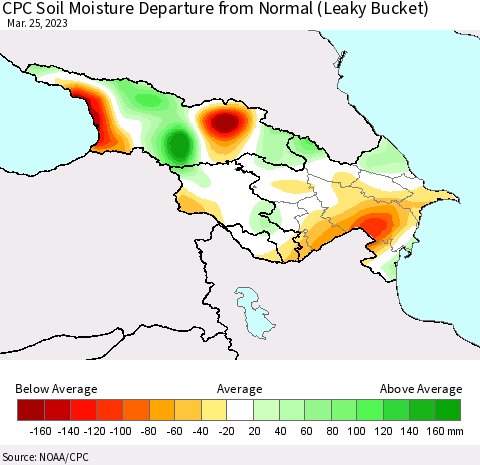 Azerbaijan, Armenia and Georgia CPC Soil Moisture Departure from Normal (Leaky Bucket) Thematic Map For 3/21/2023 - 3/25/2023