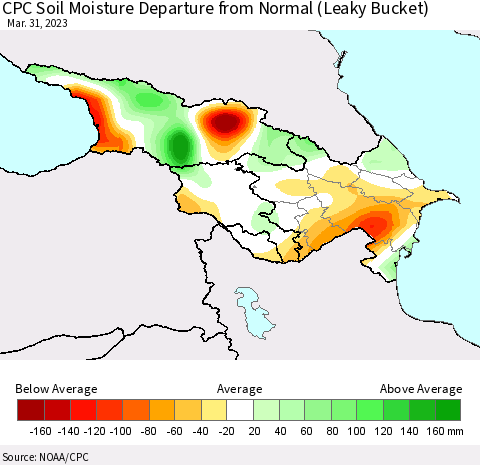 Azerbaijan, Armenia and Georgia CPC Soil Moisture Departure from Normal (Leaky Bucket) Thematic Map For 3/26/2023 - 3/31/2023