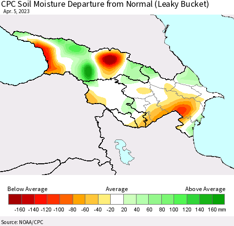 Azerbaijan, Armenia and Georgia CPC Soil Moisture Departure from Normal (Leaky Bucket) Thematic Map For 4/1/2023 - 4/5/2023