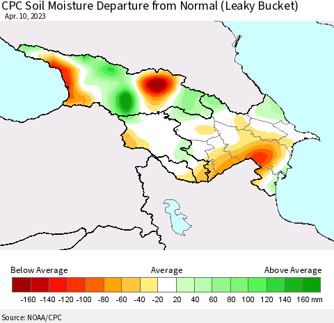 Azerbaijan, Armenia and Georgia CPC Soil Moisture Departure from Normal (Leaky Bucket) Thematic Map For 4/6/2023 - 4/10/2023