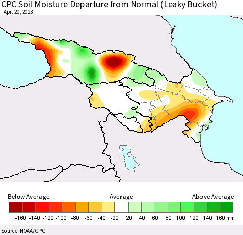 Azerbaijan, Armenia and Georgia CPC Soil Moisture Departure from Normal (Leaky Bucket) Thematic Map For 4/16/2023 - 4/20/2023