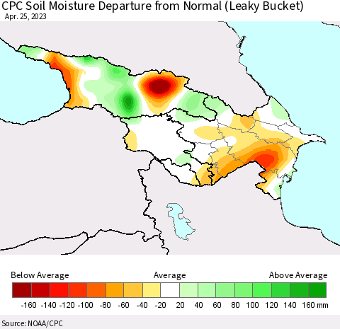 Azerbaijan, Armenia and Georgia CPC Soil Moisture Departure from Normal (Leaky Bucket) Thematic Map For 4/21/2023 - 4/25/2023