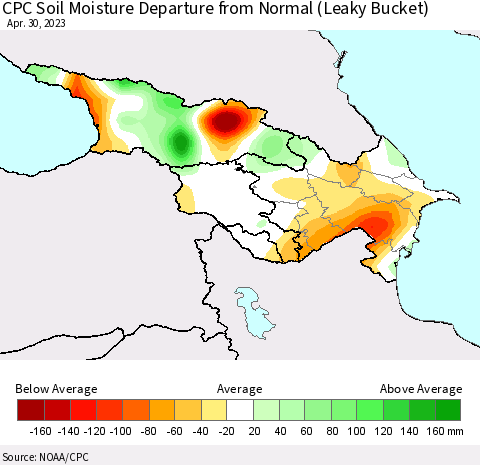 Azerbaijan, Armenia and Georgia CPC Soil Moisture Departure from Normal (Leaky Bucket) Thematic Map For 4/26/2023 - 4/30/2023
