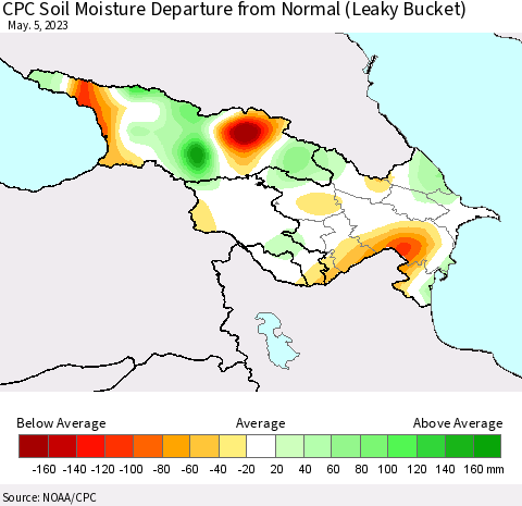 Azerbaijan, Armenia and Georgia CPC Soil Moisture Departure from Normal (Leaky Bucket) Thematic Map For 5/1/2023 - 5/5/2023