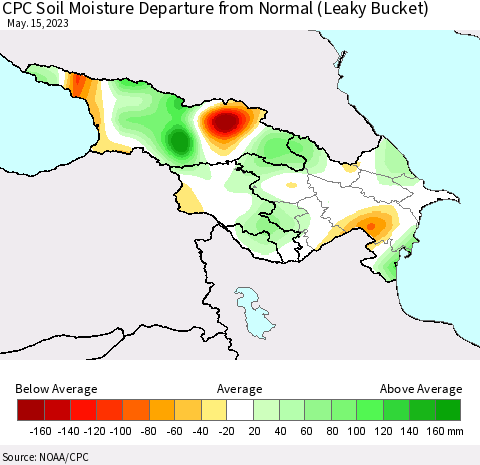 Azerbaijan, Armenia and Georgia CPC Soil Moisture Departure from Normal (Leaky Bucket) Thematic Map For 5/11/2023 - 5/15/2023