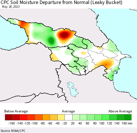 Azerbaijan, Armenia and Georgia CPC Soil Moisture Departure from Normal (Leaky Bucket) Thematic Map For 5/16/2023 - 5/20/2023