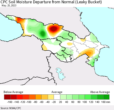 Azerbaijan, Armenia and Georgia CPC Soil Moisture Departure from Normal (Leaky Bucket) Thematic Map For 5/21/2023 - 5/25/2023