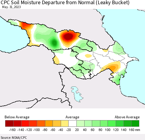 Azerbaijan, Armenia and Georgia CPC Soil Moisture Departure from Normal (Leaky Bucket) Thematic Map For 5/26/2023 - 5/31/2023