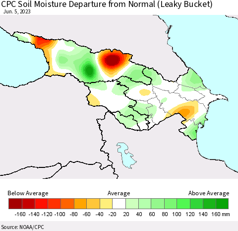 Azerbaijan, Armenia and Georgia CPC Soil Moisture Departure from Normal (Leaky Bucket) Thematic Map For 6/1/2023 - 6/5/2023