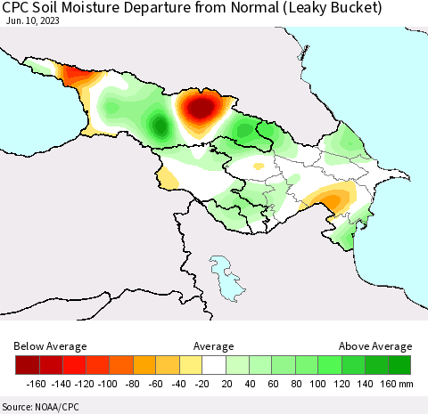 Azerbaijan, Armenia and Georgia CPC Soil Moisture Departure from Normal (Leaky Bucket) Thematic Map For 6/6/2023 - 6/10/2023