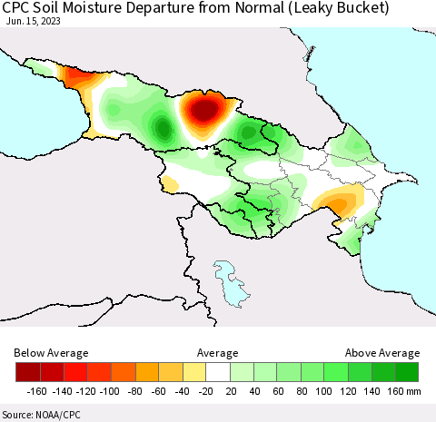 Azerbaijan, Armenia and Georgia CPC Soil Moisture Departure from Normal (Leaky Bucket) Thematic Map For 6/11/2023 - 6/15/2023