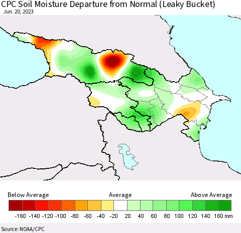 Azerbaijan, Armenia and Georgia CPC Soil Moisture Departure from Normal (Leaky Bucket) Thematic Map For 6/16/2023 - 6/20/2023