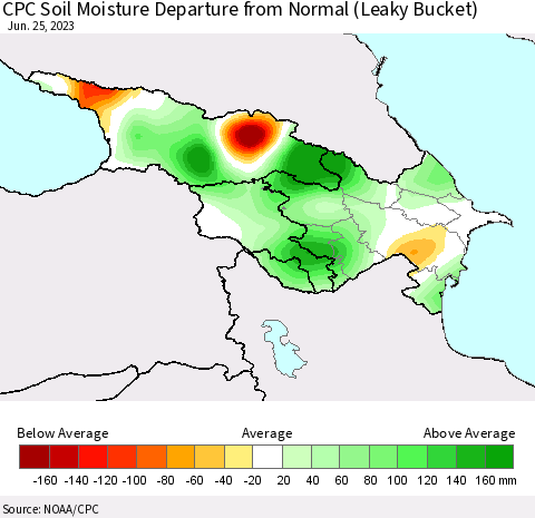 Azerbaijan, Armenia and Georgia CPC Soil Moisture Departure from Normal (Leaky Bucket) Thematic Map For 6/21/2023 - 6/25/2023