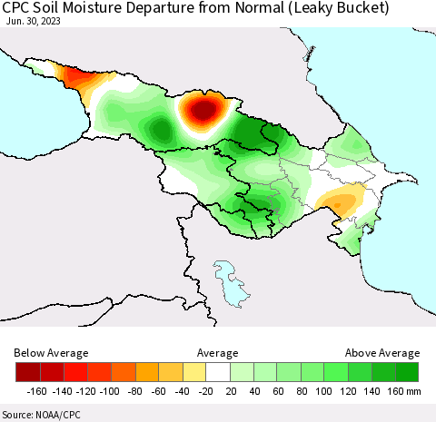 Azerbaijan, Armenia and Georgia CPC Soil Moisture Departure from Normal (Leaky Bucket) Thematic Map For 6/26/2023 - 6/30/2023