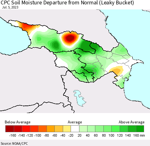 Azerbaijan, Armenia and Georgia CPC Soil Moisture Departure from Normal (Leaky Bucket) Thematic Map For 7/1/2023 - 7/5/2023