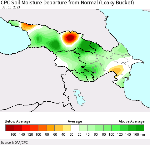 Azerbaijan, Armenia and Georgia CPC Soil Moisture Departure from Normal (Leaky Bucket) Thematic Map For 7/6/2023 - 7/10/2023