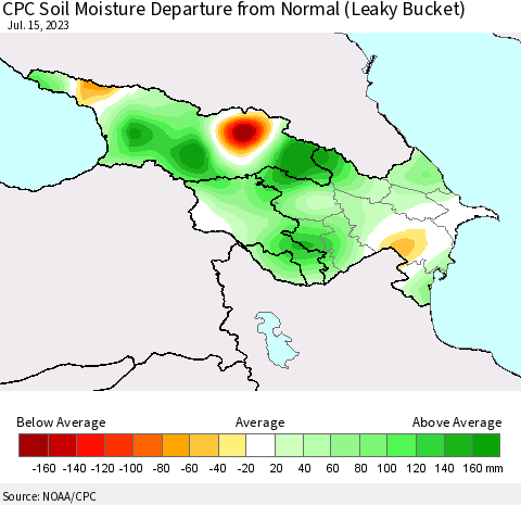 Azerbaijan, Armenia and Georgia CPC Soil Moisture Departure from Normal (Leaky Bucket) Thematic Map For 7/11/2023 - 7/15/2023