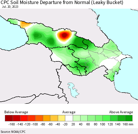 Azerbaijan, Armenia and Georgia CPC Soil Moisture Departure from Normal (Leaky Bucket) Thematic Map For 7/16/2023 - 7/20/2023