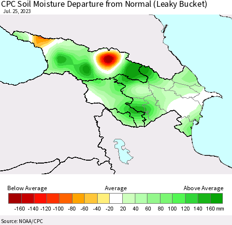 Azerbaijan, Armenia and Georgia CPC Soil Moisture Departure from Normal (Leaky Bucket) Thematic Map For 7/21/2023 - 7/25/2023