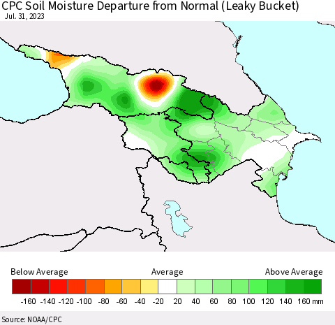 Azerbaijan, Armenia and Georgia CPC Soil Moisture Departure from Normal (Leaky Bucket) Thematic Map For 7/26/2023 - 7/31/2023