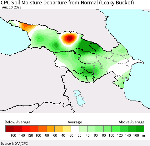 Azerbaijan, Armenia and Georgia CPC Soil Moisture Departure from Normal (Leaky Bucket) Thematic Map For 8/6/2023 - 8/10/2023