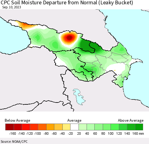 Azerbaijan, Armenia and Georgia CPC Soil Moisture Departure from Normal (Leaky Bucket) Thematic Map For 9/6/2023 - 9/10/2023