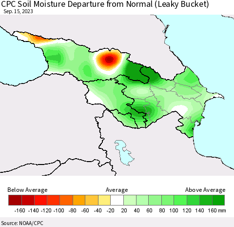 Azerbaijan, Armenia and Georgia CPC Soil Moisture Departure from Normal (Leaky Bucket) Thematic Map For 9/11/2023 - 9/15/2023