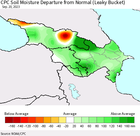 Azerbaijan, Armenia and Georgia CPC Soil Moisture Departure from Normal (Leaky Bucket) Thematic Map For 9/16/2023 - 9/20/2023