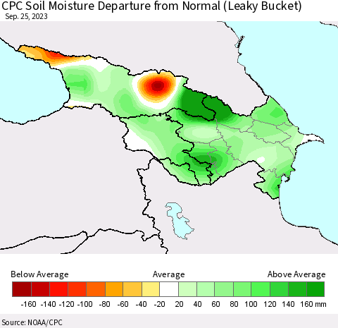 Azerbaijan, Armenia and Georgia CPC Soil Moisture Departure from Normal (Leaky Bucket) Thematic Map For 9/21/2023 - 9/25/2023