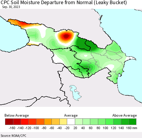 Azerbaijan, Armenia and Georgia CPC Soil Moisture Departure from Normal (Leaky Bucket) Thematic Map For 9/26/2023 - 9/30/2023