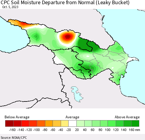 Azerbaijan, Armenia and Georgia CPC Soil Moisture Departure from Normal (Leaky Bucket) Thematic Map For 10/1/2023 - 10/5/2023