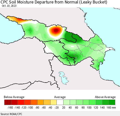 Azerbaijan, Armenia and Georgia CPC Soil Moisture Departure from Normal (Leaky Bucket) Thematic Map For 10/6/2023 - 10/10/2023