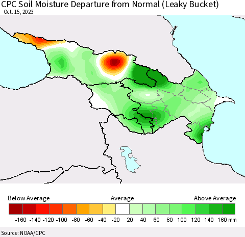 Azerbaijan, Armenia and Georgia CPC Soil Moisture Departure from Normal (Leaky Bucket) Thematic Map For 10/11/2023 - 10/15/2023