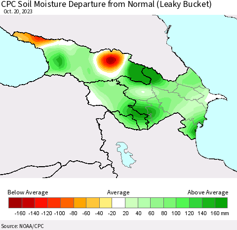Azerbaijan, Armenia and Georgia CPC Soil Moisture Departure from Normal (Leaky Bucket) Thematic Map For 10/16/2023 - 10/20/2023