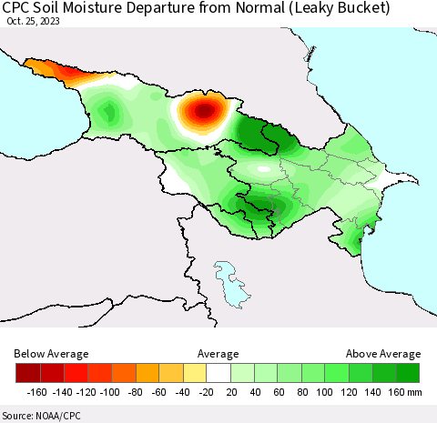 Azerbaijan, Armenia and Georgia CPC Soil Moisture Departure from Normal (Leaky Bucket) Thematic Map For 10/21/2023 - 10/25/2023