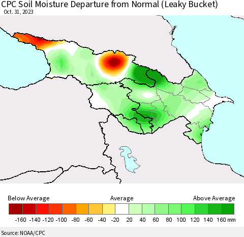 Azerbaijan, Armenia and Georgia CPC Soil Moisture Departure from Normal (Leaky Bucket) Thematic Map For 10/26/2023 - 10/31/2023