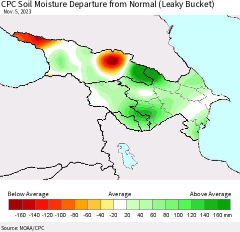 Azerbaijan, Armenia and Georgia CPC Soil Moisture Departure from Normal (Leaky Bucket) Thematic Map For 11/1/2023 - 11/5/2023