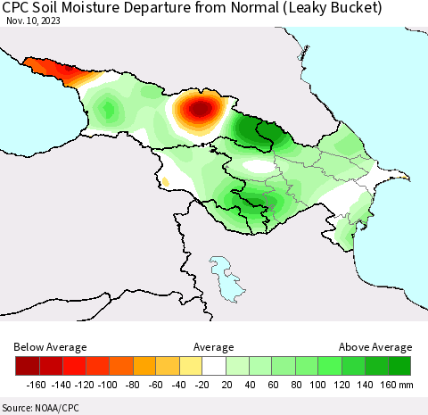 Azerbaijan, Armenia and Georgia CPC Soil Moisture Departure from Normal (Leaky Bucket) Thematic Map For 11/6/2023 - 11/10/2023
