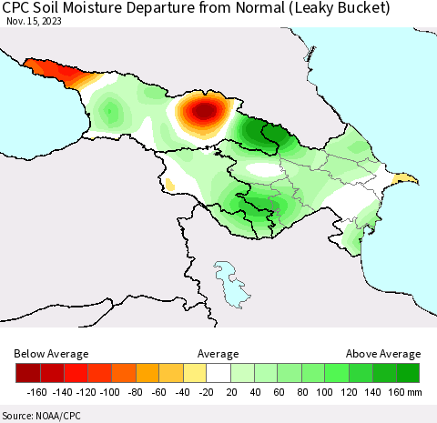 Azerbaijan, Armenia and Georgia CPC Soil Moisture Departure from Normal (Leaky Bucket) Thematic Map For 11/11/2023 - 11/15/2023