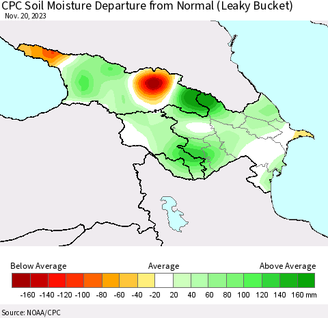 Azerbaijan, Armenia and Georgia CPC Soil Moisture Departure from Normal (Leaky Bucket) Thematic Map For 11/16/2023 - 11/20/2023