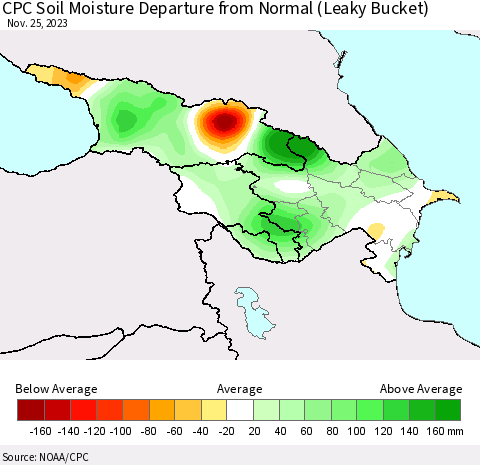 Azerbaijan, Armenia and Georgia CPC Soil Moisture Departure from Normal (Leaky Bucket) Thematic Map For 11/21/2023 - 11/25/2023