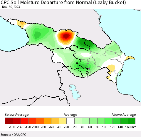 Azerbaijan, Armenia and Georgia CPC Soil Moisture Departure from Normal (Leaky Bucket) Thematic Map For 11/26/2023 - 11/30/2023