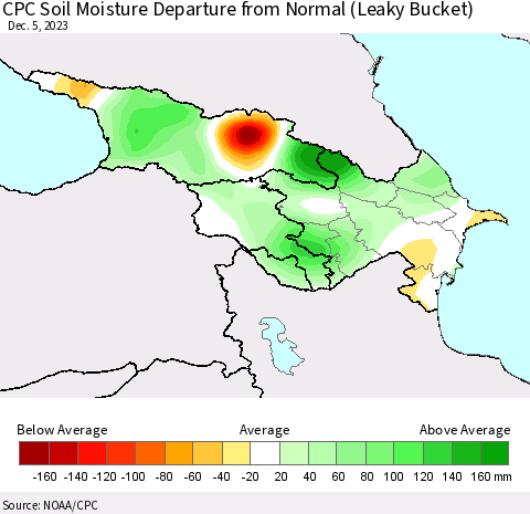 Azerbaijan, Armenia and Georgia CPC Soil Moisture Departure from Normal (Leaky Bucket) Thematic Map For 12/1/2023 - 12/5/2023