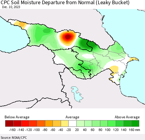 Azerbaijan, Armenia and Georgia CPC Soil Moisture Departure from Normal (Leaky Bucket) Thematic Map For 12/6/2023 - 12/10/2023
